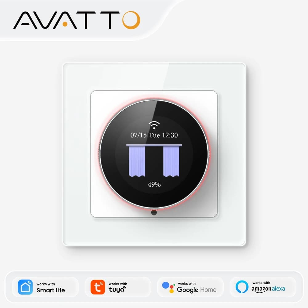 AVATTO WiFi Smart Knob Curtain Switch,With Ambient Light Ring,Precise Percentage Control,Works With Tuya Alexa Google Home Alice