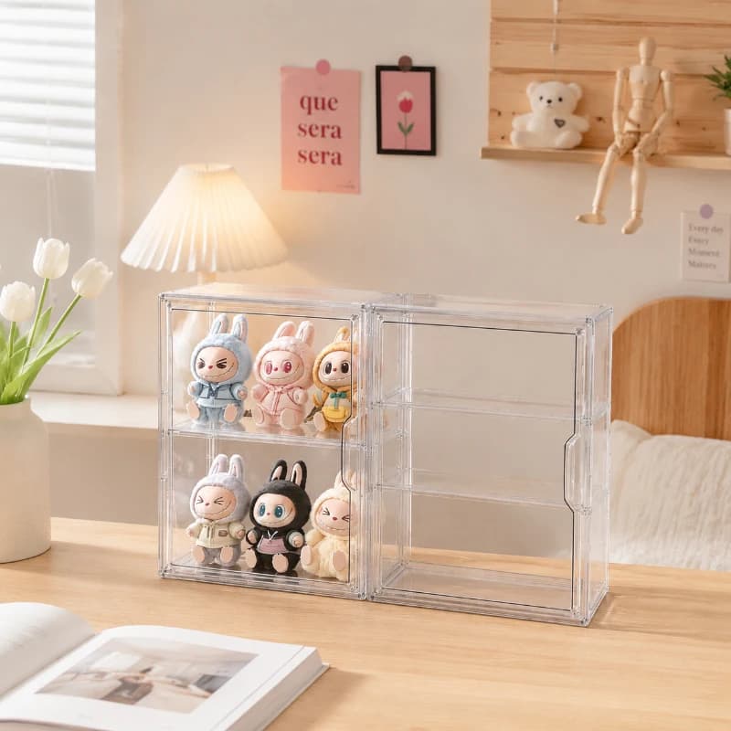 Multi-Layer Acrylic Display Case, 3-Tier Dustproof Storage Box for Toy Figures, 2-Grid Organizer for Blind Box Collectibles