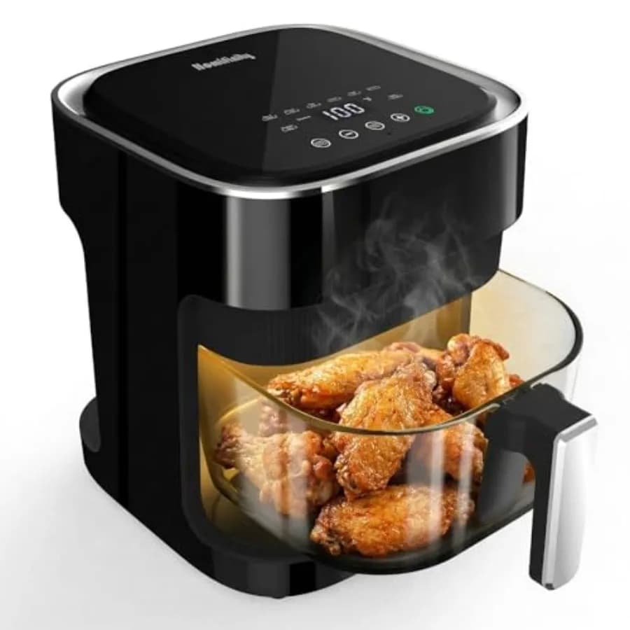 Friggitrice ad Aria in Vetro da 4,5 Qt, Cestello in Vetro Borosilicato Non Tossico con Rotazione a 360° ° View, vassoio in acciaio inossidabile per alimenti di qualità superiore, 8-in-1 On