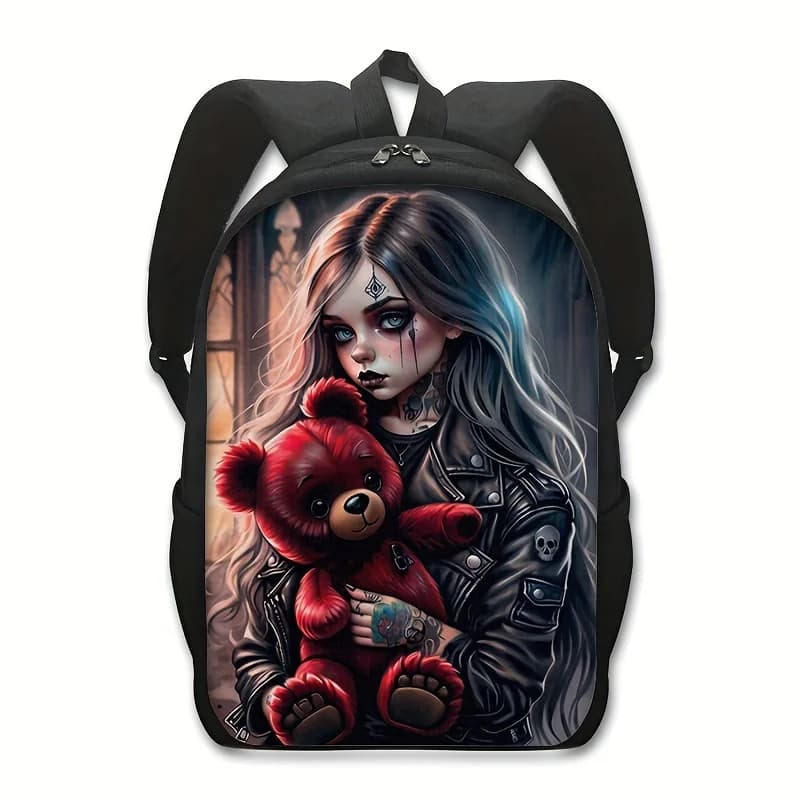 Backpack with print of gothic girl cartoons and bear - School bag made of durable polyester with multiple compartments, padded