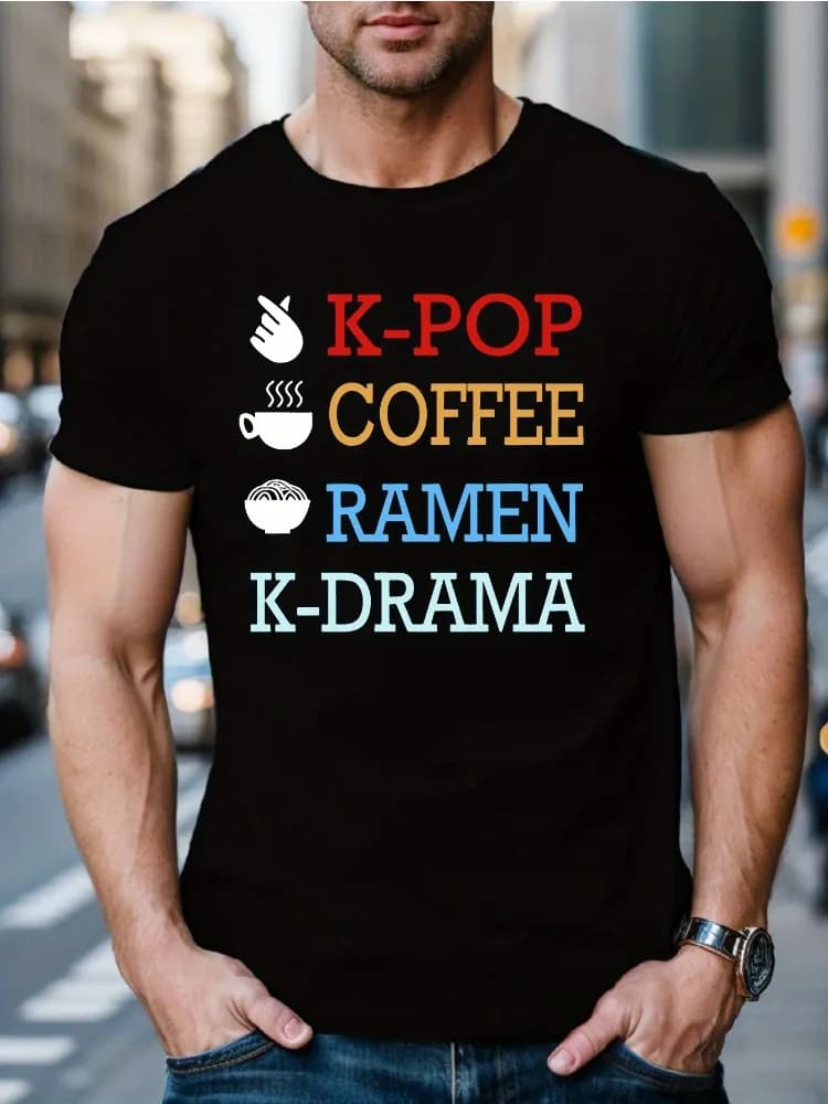 Men Khaki Crew Neck Cotton Tee K Pop Coffee Ramen K Drama Cute Icon Graphic Short Sleeve Korean Culture Casual Street Top