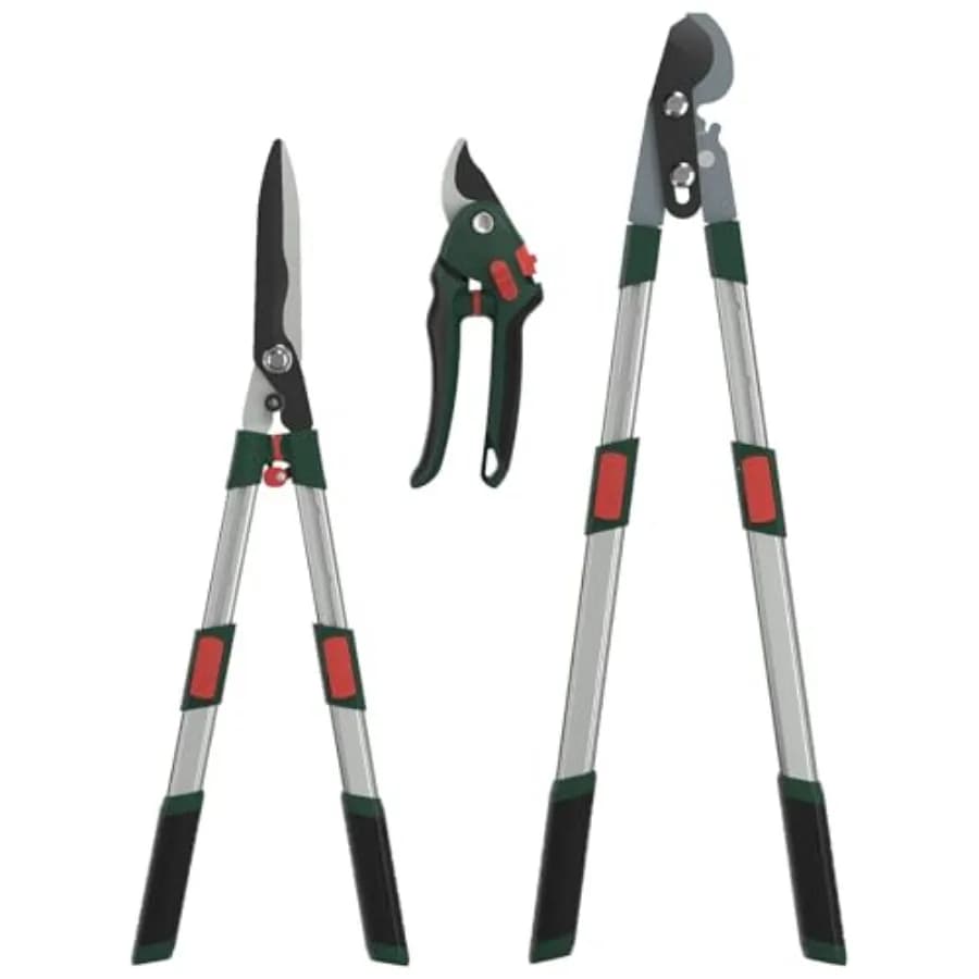Set di Attrezzi da Giardino 3 Pezzi - Cesoie Bypass, Forbici per Siepi, Forbici da Potatura con Manici Telescopici in Alluminio Estensibili, Resistenti