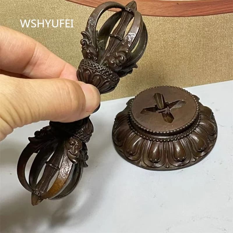 Authentic Tibetan Five-Spoked Ritual Scepter, Pure Brass Vajra Dorje Statue with Base,Buddhist Dharma Implements Home Decor