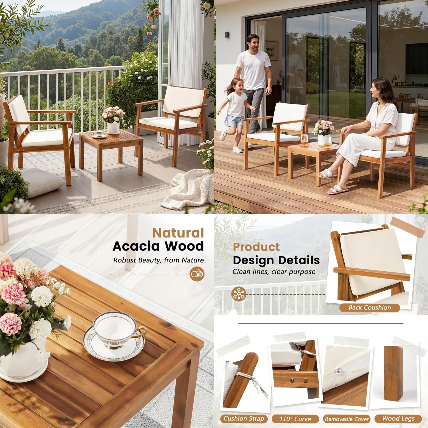 3 Piece Acacia Wood Patio Chairs Set with Coffee Table & Cushions Outdoor Conversation Balcony Porch Deck Backyard, Customized