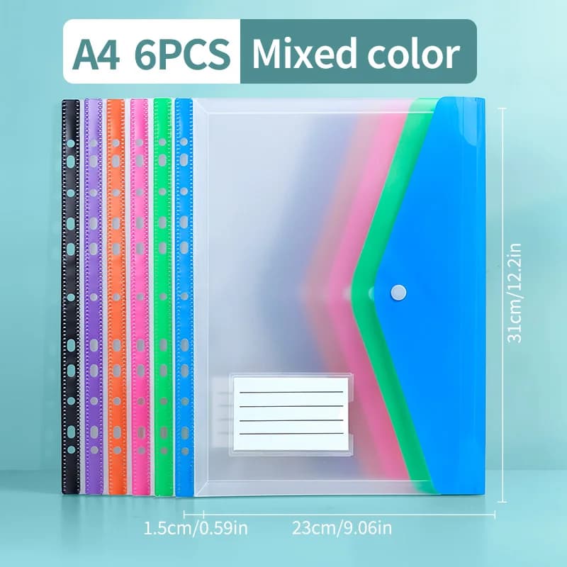 HUAJIE [6-Piece Large Capacity File Folder Set] 6-piece set of mixed-color A4 large capacity loose-leaf file folders, with 11-hole binding rings, made of modern PP material, featuring expandable buttons and label pockets, suitable for school, home, office, attendance records, and travel - portable design