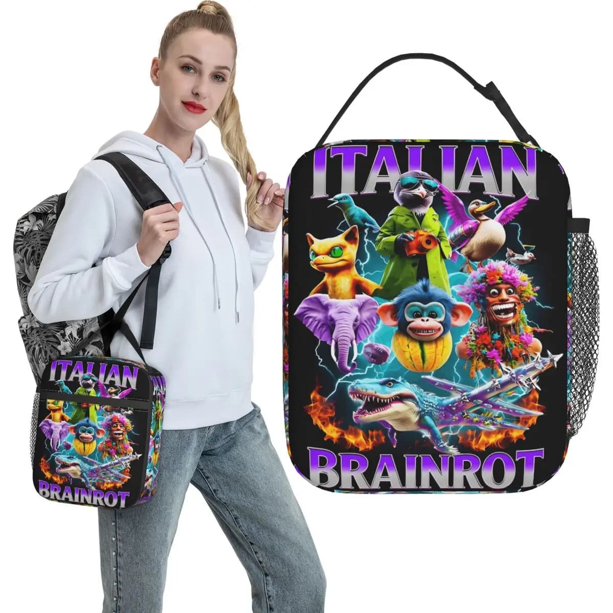 Italian Brainrot Cool Design Lunch Bag Portable Zipper Lunch Box Girls Travel Designer Cooler Bag Cute Thermal Tote Handbags
