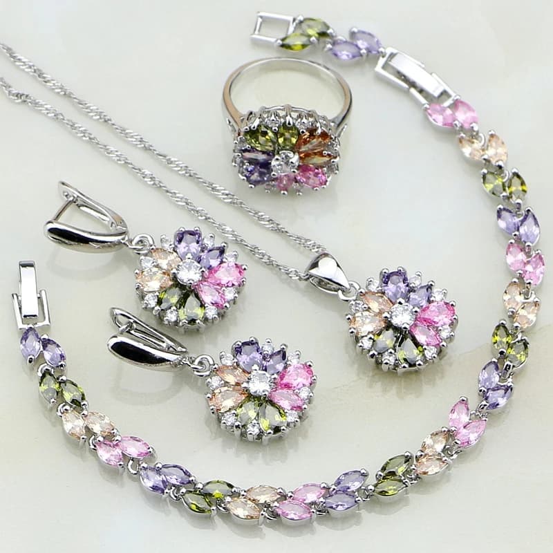 925 Sterling Silver Jewelry Multicolor Stones Cubic Zirconia Jewelry Sets For Women Earrings/Pendant/Necklace/Ring/Bracelet