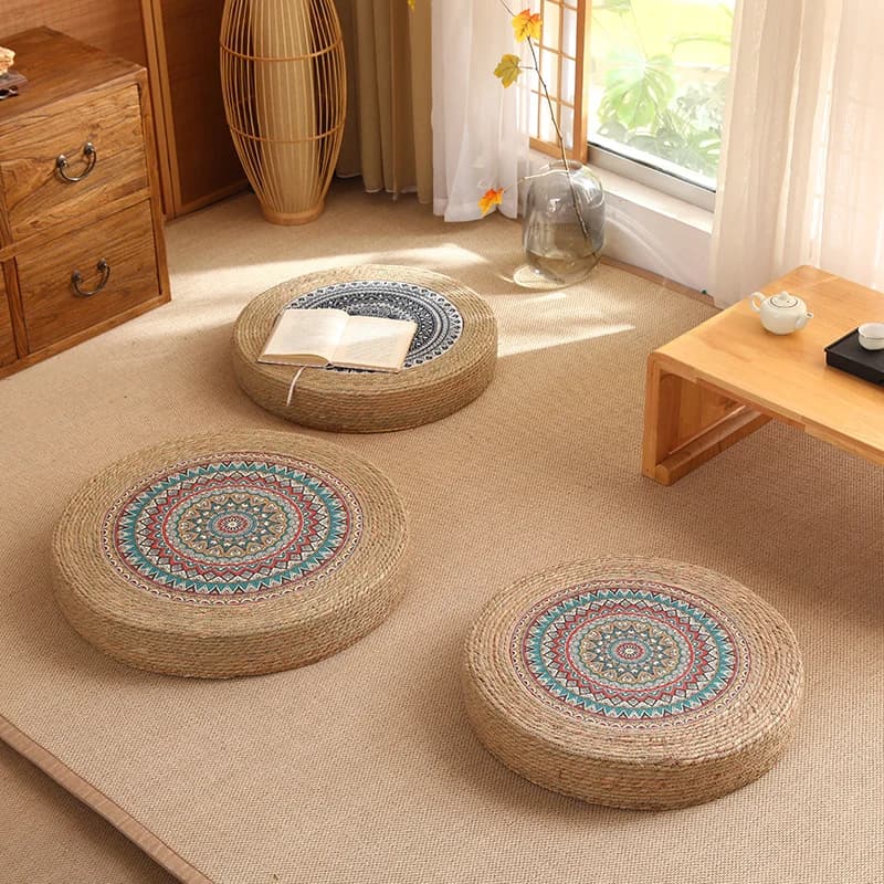 Woven Straw Meditation Cushion Traditional Floor Cushion for Yoga or Prayer Eco-Friendly Tatami Seat Thickened Kneeling Mat