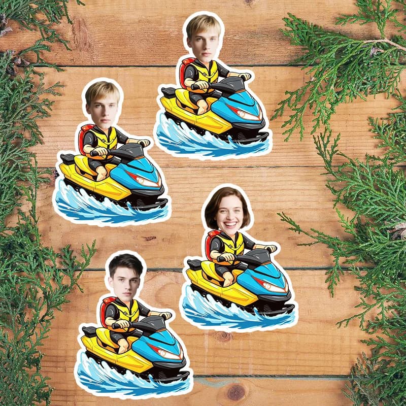 20/30pcs Custom Stickers Personalized Photo Decals Yellow Blue Water Scooter Life Vest Summer Ocean Beach Pool Party Favors
