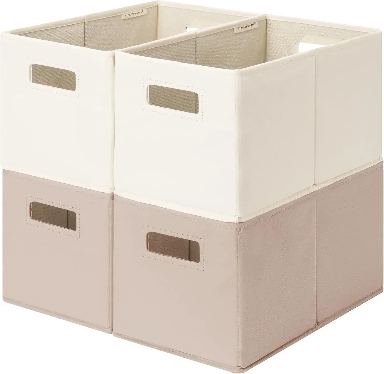Fabric storage box for shelves, closet storage boxes and baskets, foldable storage box with cutout handle, medium, 4-piece, ivory and light brown