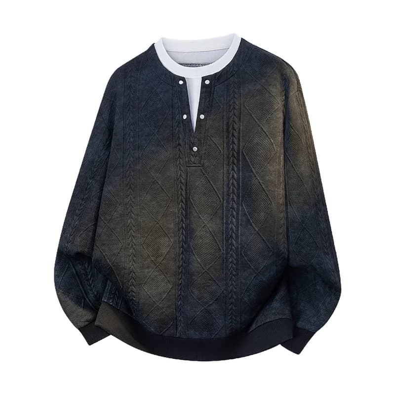 Men's Tie Dye Cable Embossed Henley Sweatshirt Loose Long Sleeve Pullover Casual Top
