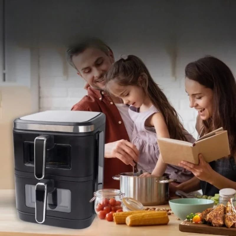 Nuova Friggitrice ad Aria da 12L con Doppio Camino, Friggitrice ad Aria Digitale Intelligente Multifunzione Elettrica a Doppio Cassetto con Finestra