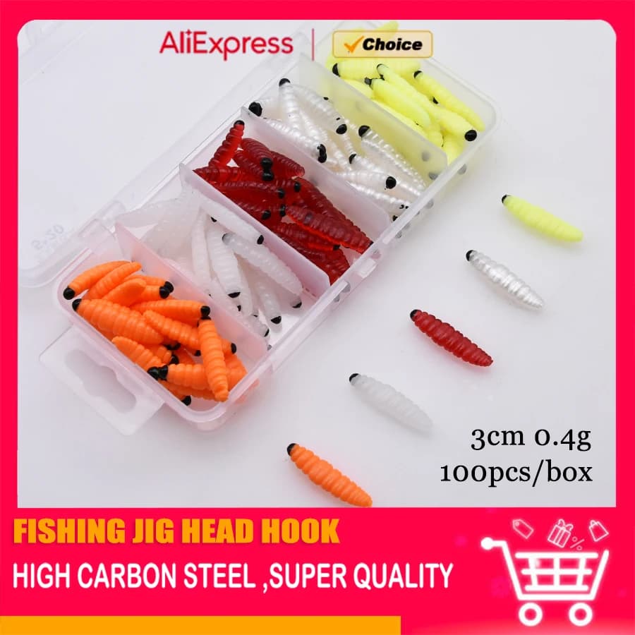 MrLurion 100 pieces a box 3 cm 0.4 g small bread worms artificial baits larvae, realistic silica bait fishing gear for largemouth bass