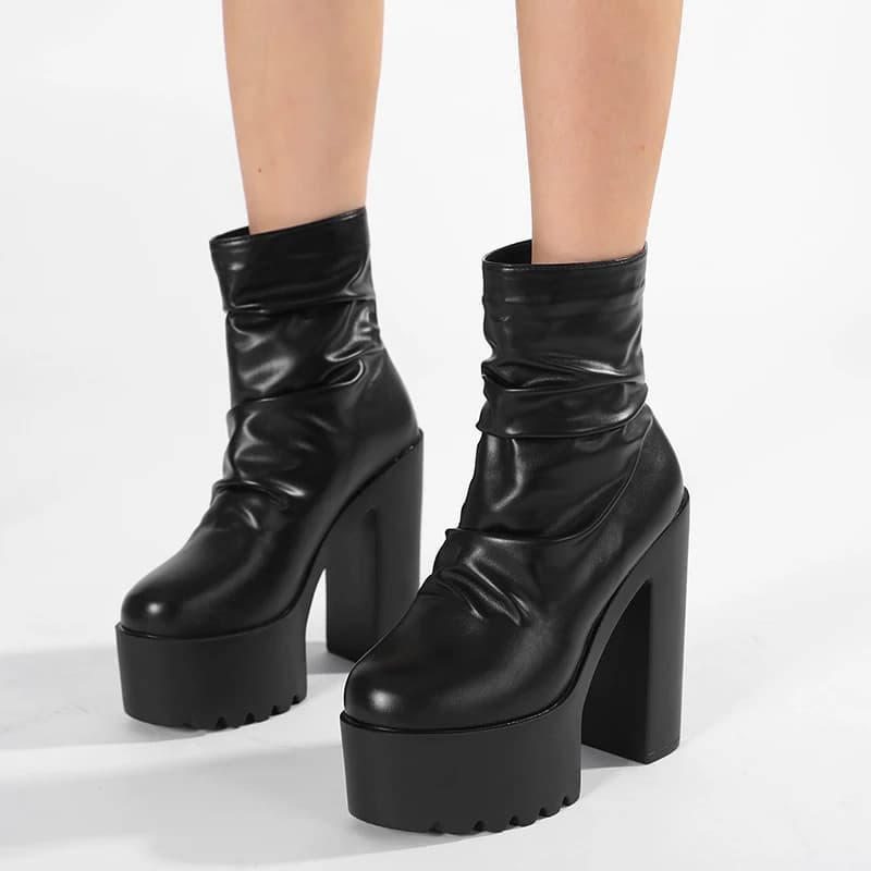 Gdgydh Autumn Platform Ruched Boots High Heels Back Zipper Black Short Boots For Women Increased Waterproof Nightclub Shoes