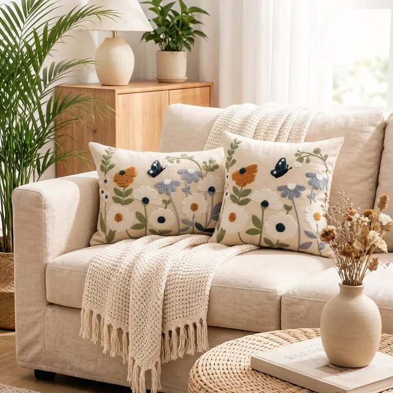 Cotton Linen Lumbar Throw Pillow Cover Embroidery Wild Flower Butterfly Cushion Cover Vintage Floral Pillowcase For Sofa Home