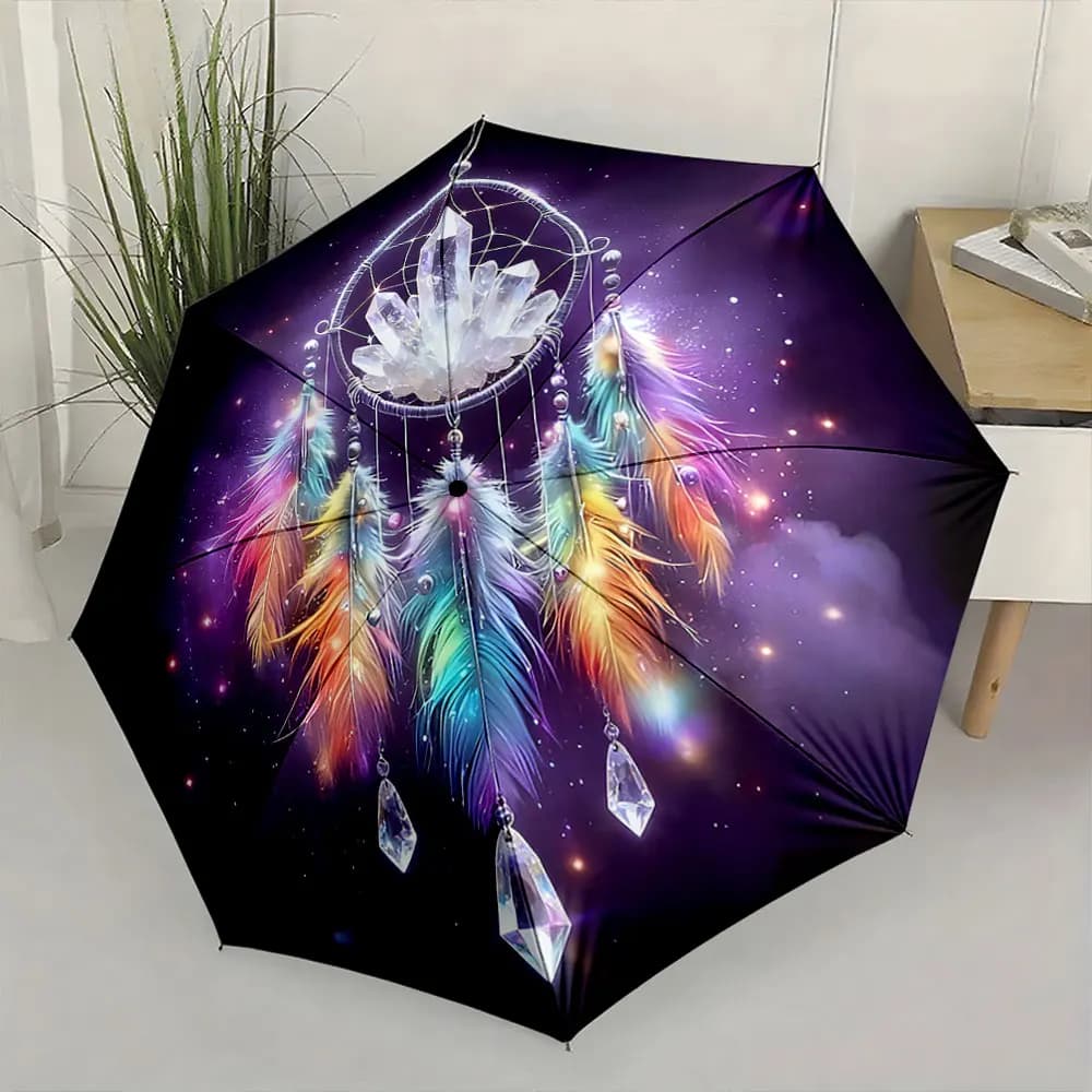 1PC Dreamcatcher Umbrella: Captivating Colors and Crystals Print 8 Iron Ribs Folding Umbrella Auto-Open Fashion Sunshade