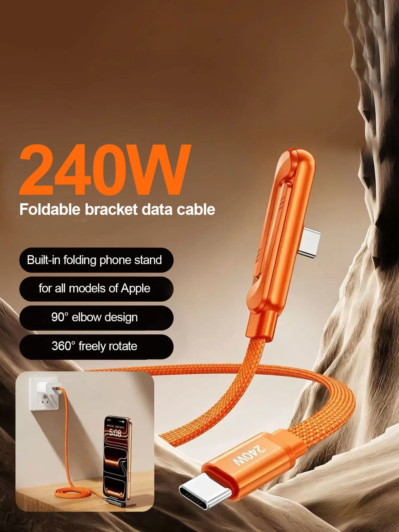 Cavo USB-C a Type-C da 240W con Connettore Angolato, Ricarica Rapida e Supporto Pieghevole per Telefono, Compatibile con iPhone 17/16/15, Samsung, Xiaomi, Huawei