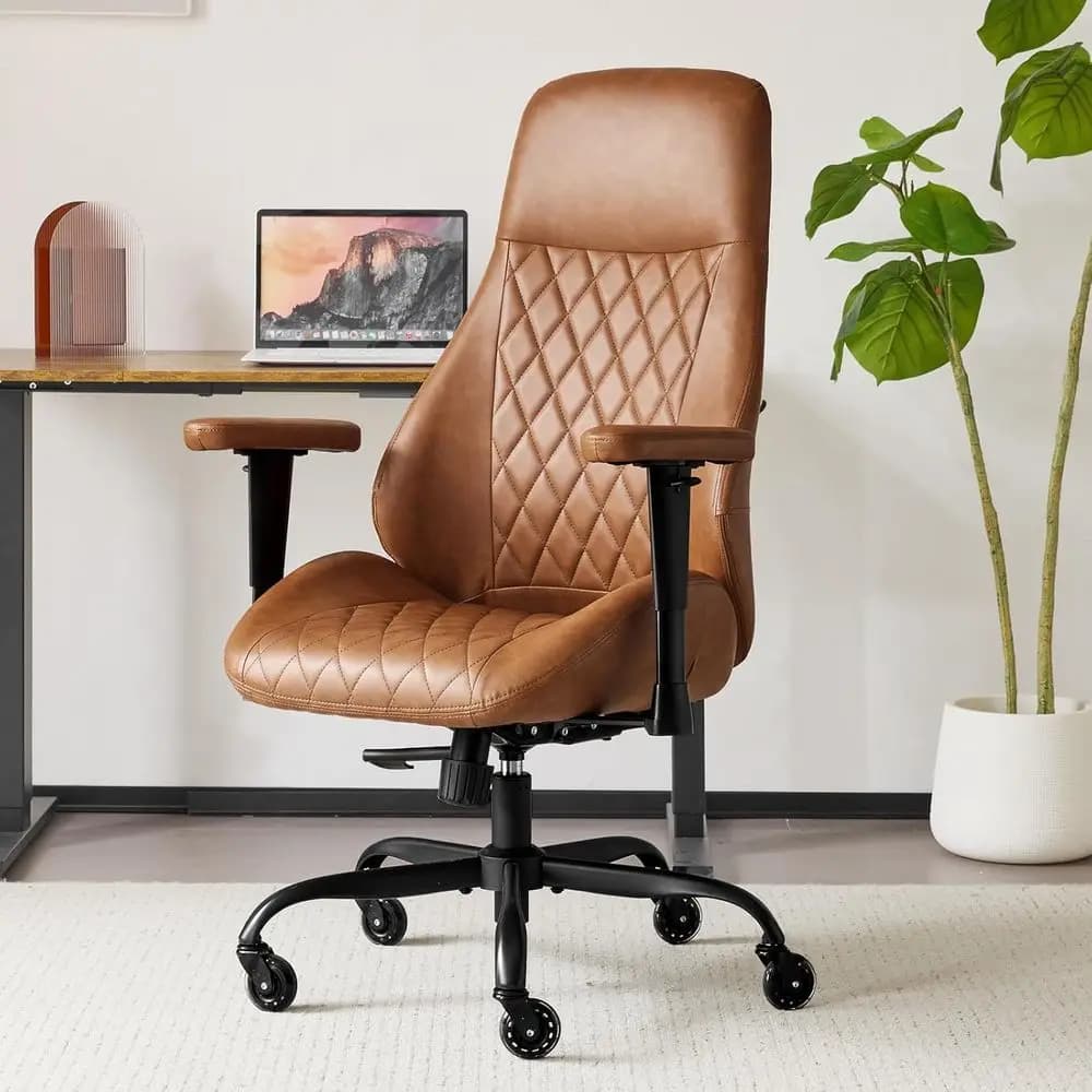 Sedia da Ufficio Ergonomica in Pelle con Schienale Alto, Altezza Regolabile, Girevole, Supporto Lombare e Ruote