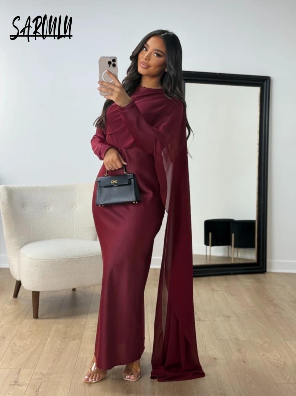 Women's modest evening dress Abaya burgundy simple cocktail dress for sale hot with side cap Elegant long sleeve Arabic dress