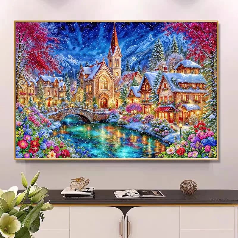Kit Ricamo Invernale per Chiesa 9ct 100x75cm, Set Punto Croce Fai-da-Te Stampato, Decorazione Casa, 4 Stili