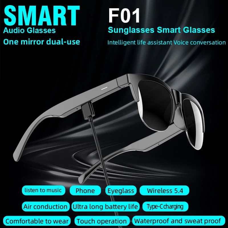 Ai Translation Bluetooth Glasses V5.3 Version, Bluetooth Earphones and Sunglasses with Dual-Function, Anti-Glare Sunglasses, Touch Control, Support Hands-Free Calls from Mobile Phones, Wireless Music Playback