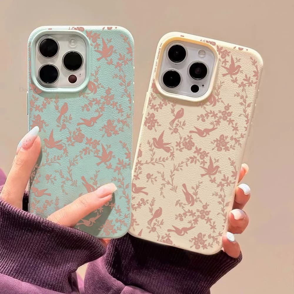 Phone Case For iPhone 17 Air 16 15 14 13 12 18 Pro Max 11 Cute Vintage Floral Bird Lichee Pattern Shockproof Bumper Back Cover