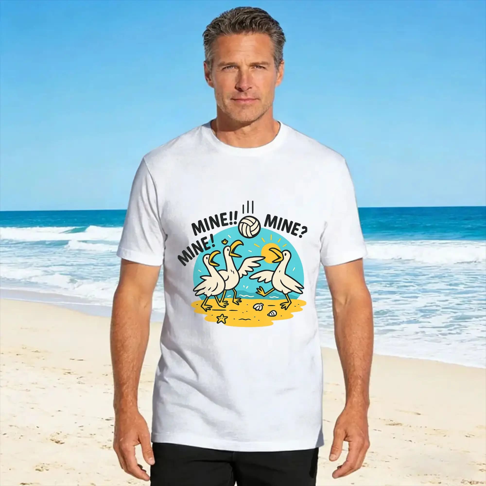 T-shirt da uomo divertente con grafica Mine Seagull per beach volley, stile Y2K, girocollo, di tendenza, per l'estate, all'ingrosso