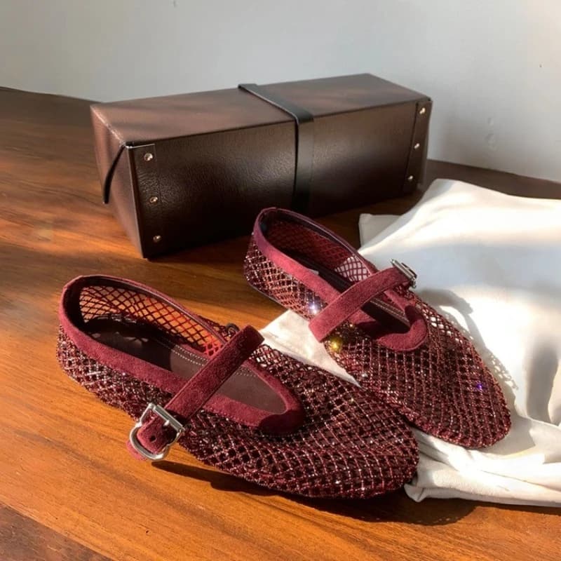 Scarpe Mary Jane da donna in rete traforata effetto diamante, nuove estive 2026, traspiranti, a rete, con punta bassa e suola piatta