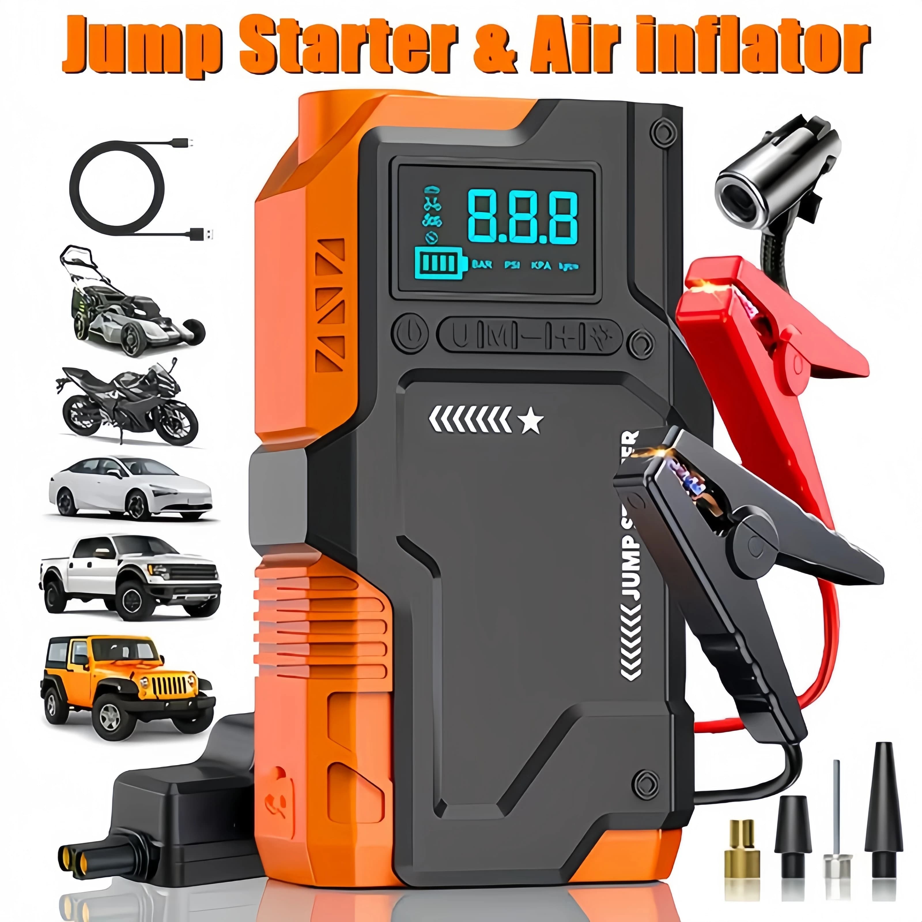 Multifunctional automatic tire inflator for cars (including tire pressure monitor, battery starter, and flashlight)