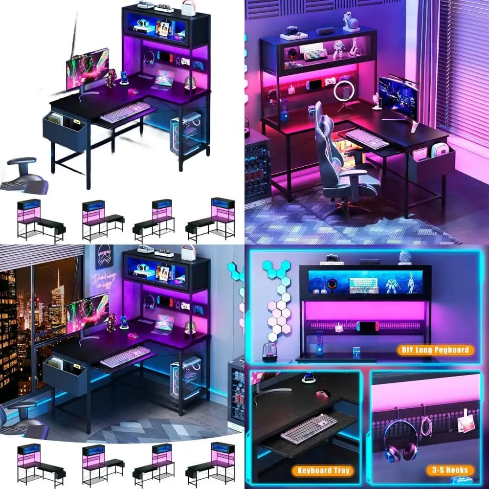 Scrivania da Gaming Compatta a L da 39 Pollici con Prese di Corrente, Luci LED, Hutch Reversibile, Pannello Forato e Vetrina Espositiva, Nera