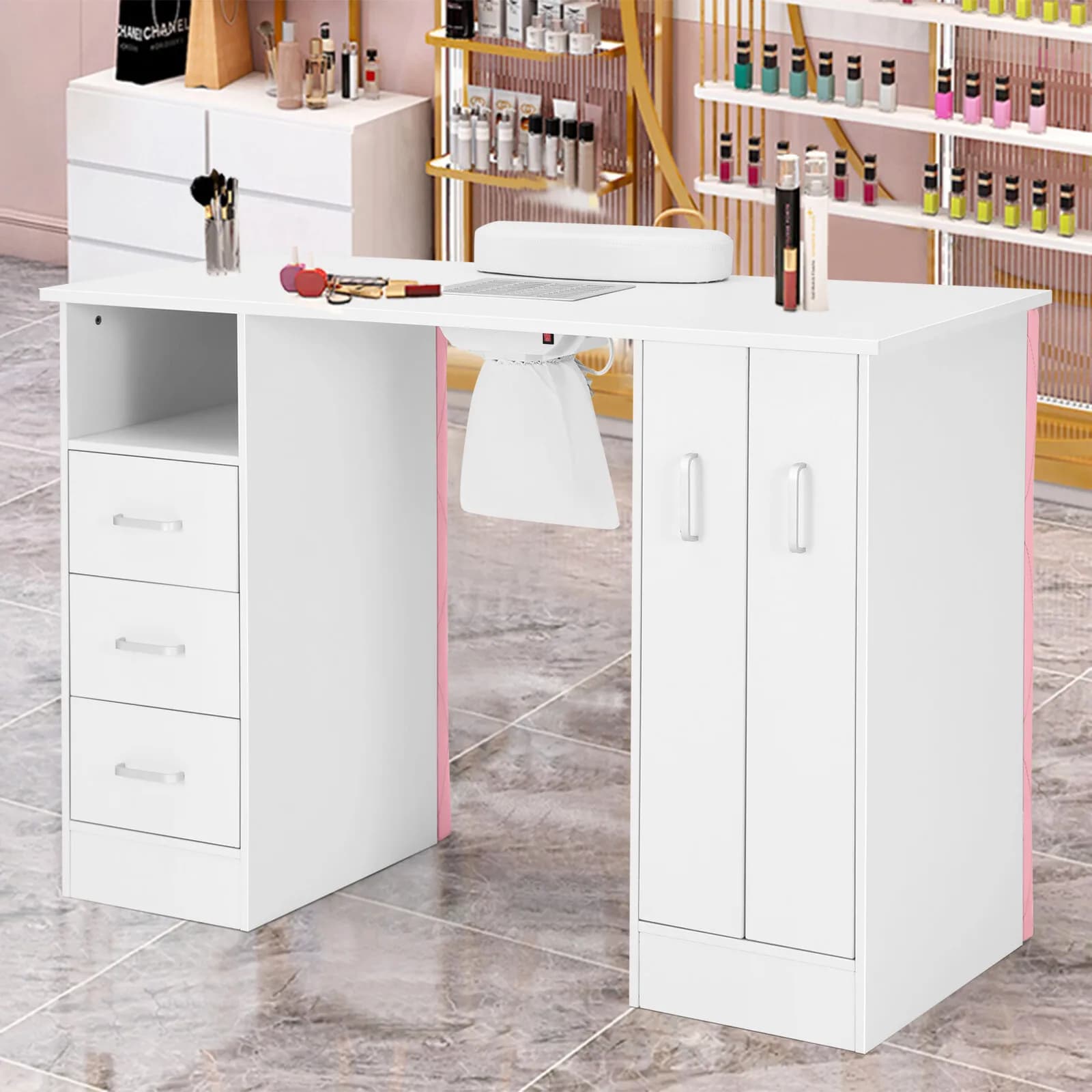 Tavolo per manicure bianco/nero per artisti, scrivania per trucco unghie, per salone di bellezza con poggiapolsi