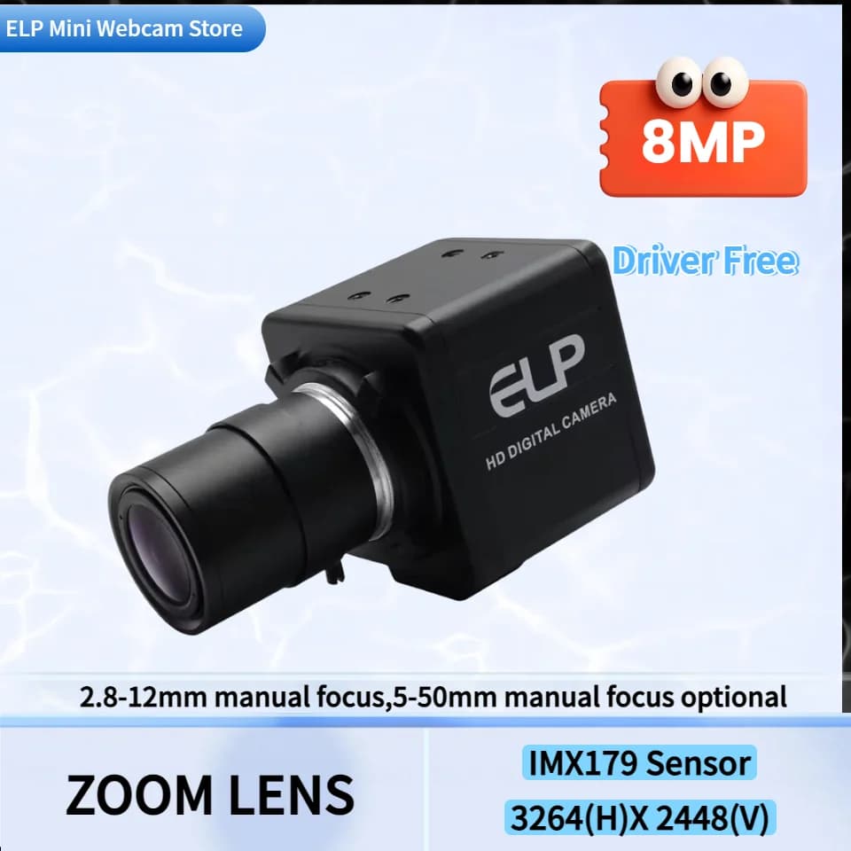 ELP USB Camera CMOS IMX179 Optical HD 2448P Zoom Industrial Mini Webcam with 5-50mm Varifocal Lens UVC for Security Protection