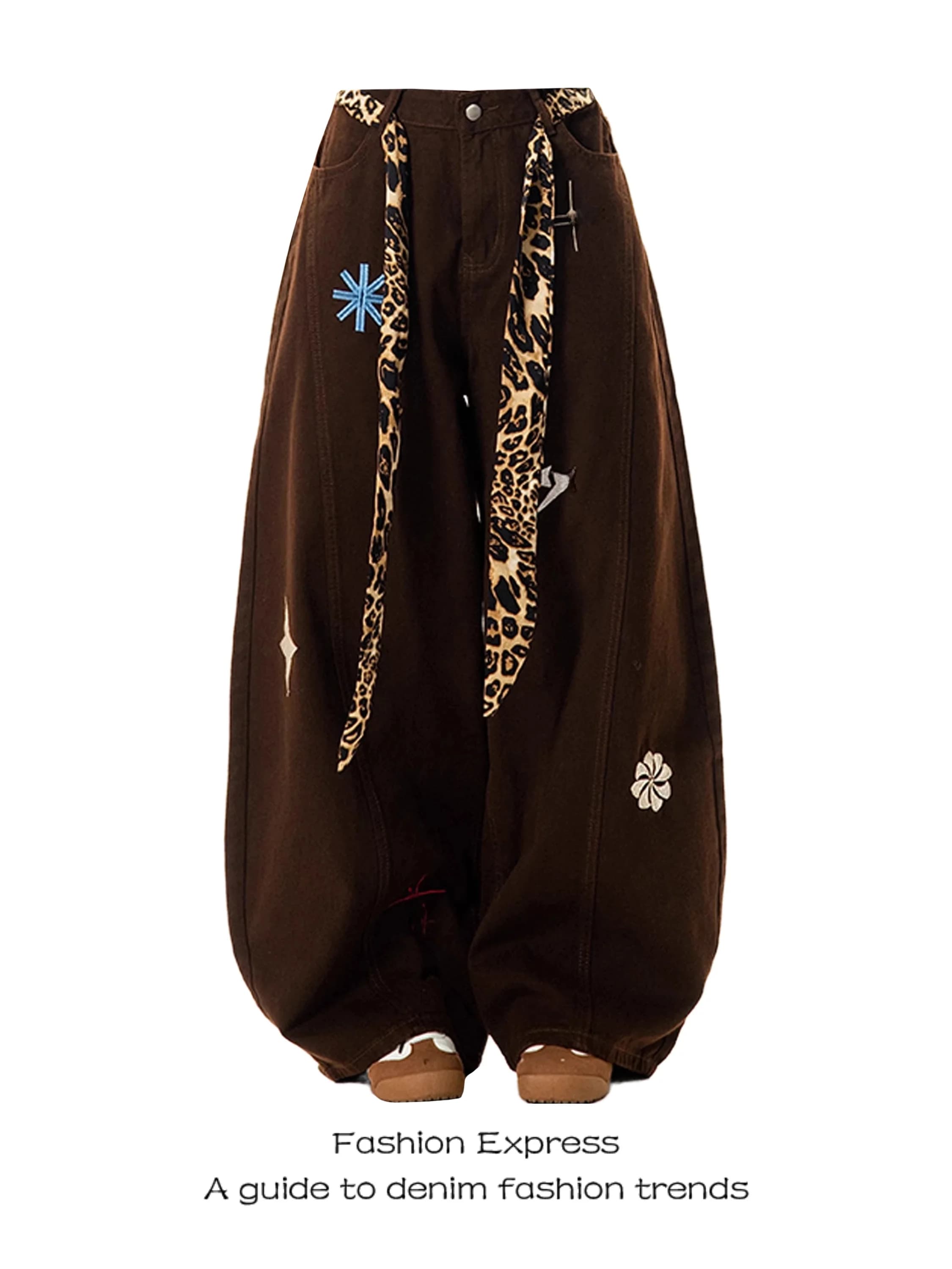 Jeans Embroidered in High Life and Gamba Woman's Larga, American Leopard Print, with Belt, Soft and Drappeggiata fit, Slimming effect, Autumn Winter