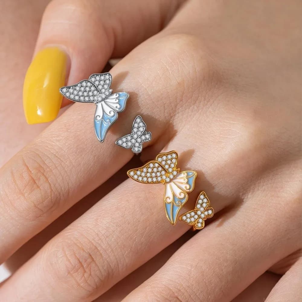 Anello Aperto a Farfalla Elegante e alla Moda, Anello in Lega con Zirconi e Smalto, Gioiello Delicato per Ragazze