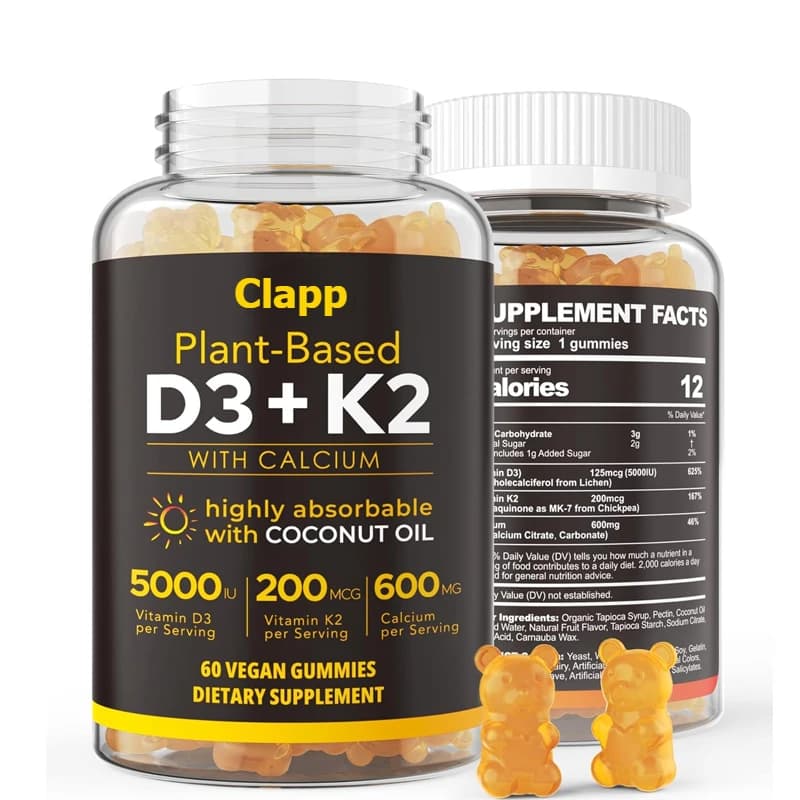 Vitamin D3 5000IU gummed candies contain 600 mg of calcium and 200 mcg of K2 (MK7), a vitamin D supplement that supports strong bones