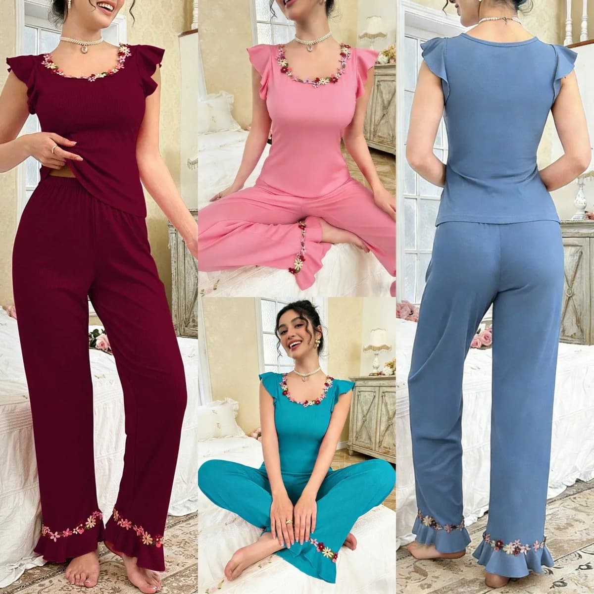 Summer Women Pajamas Top Two Piece Set Knit Lounge Wear Round Neck Blouse Ruffle Sleeve Lace Trim Flared Cuff Pullover Pajama