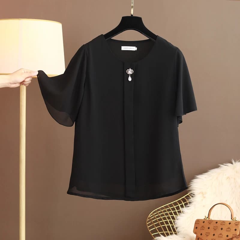 plus Size Loose Fit Short Sleeve Women's T-Shirt Summer New Style Cover up Meat Slimming Mom Top Polyester Fiber round Neck