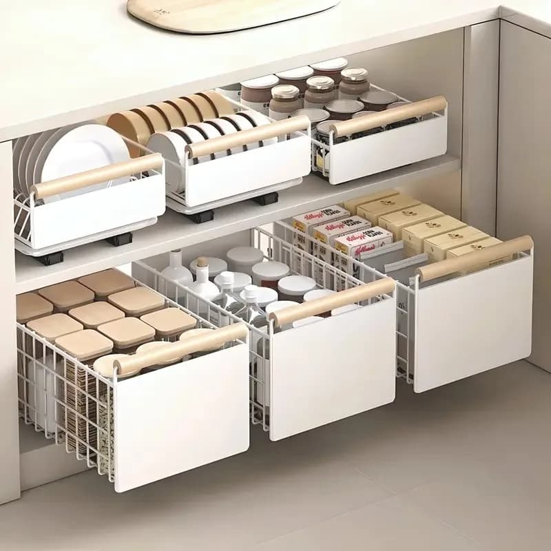 Portaoggetti da cucina estraibile: portapiatti in acciaio al carbonio con cassetti scorrevoli per piatti, posate e organizer per riporre condimenti