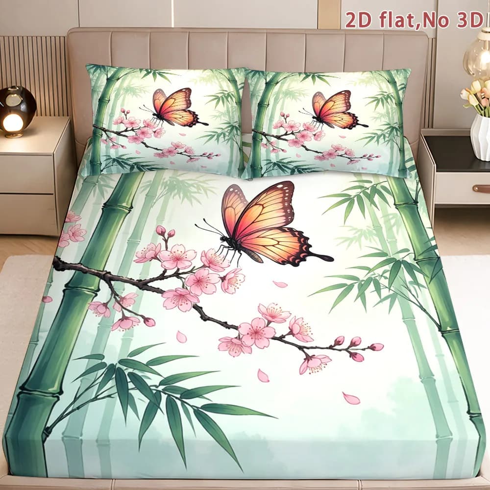 Bamboo Pattern Butterfly Cherry Blossom Bed Sheet Set Queen King Full Size Bedding Halloween Home Bedroom Decoration Holiday Bed Sheet and Pillowcase Mattress Protector, Stain-Resistant Mattress Cover, Suitable for All Seasons, Machine Washable, Easy to Care For, Universal for Home Bedroom, Essential for Dormitory Rentals, Master Bedroom and Guest Room Decoration, Dust-Proof and Stain-Resistant, High Elasticity, Fits Various Sizes