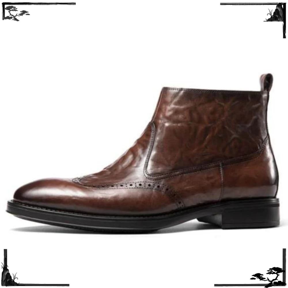 Genuine Cowhide Ankle Boots for Men British Style Pointed Toe Top Grain Leather High Top Boots Zipper Fleece Lined