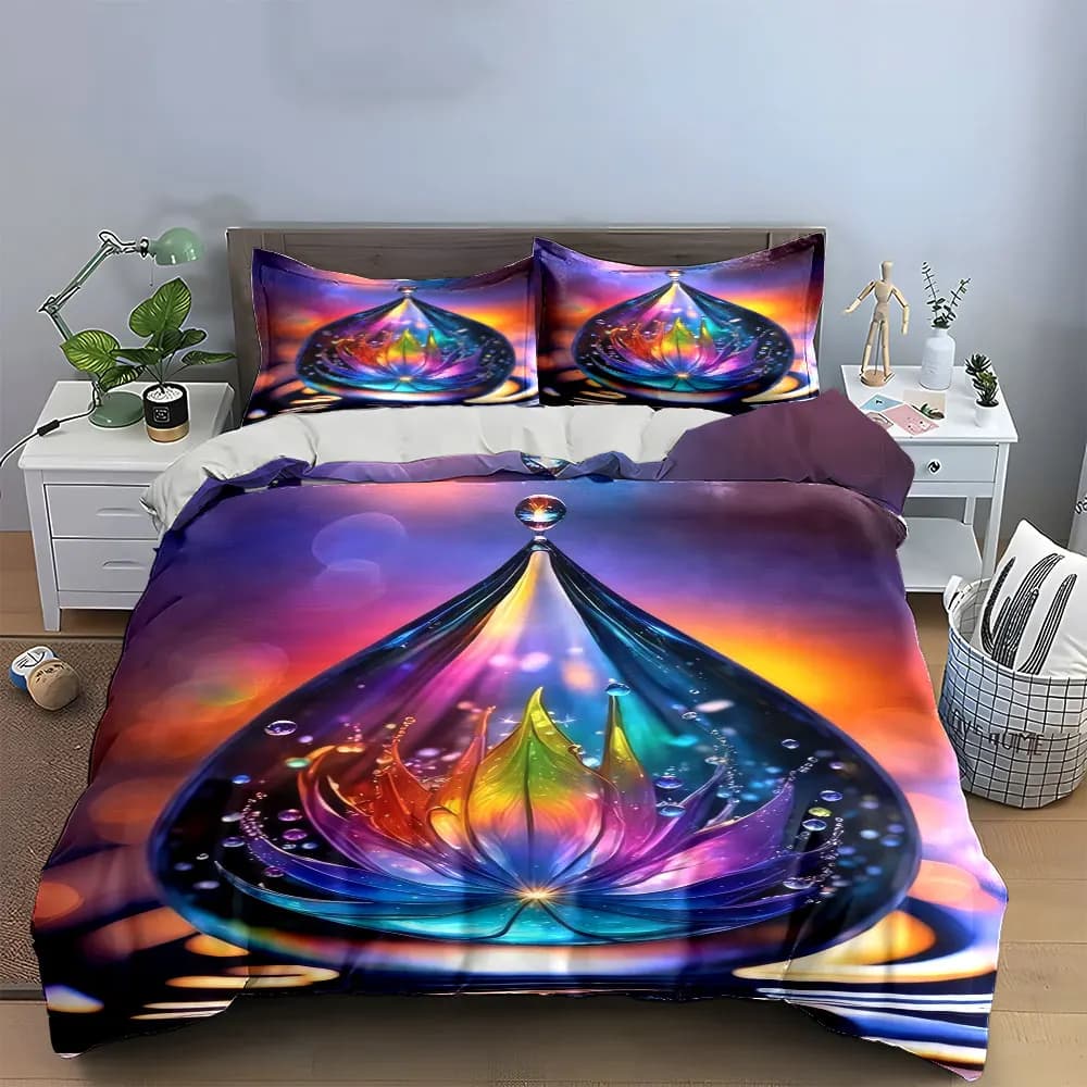 Set biancheria da letto Rainbow Lotus da 3 pezzi, copripiumino con stampa di fiori magici all'interno di una goccia d'acqua + 2 federe, regalo