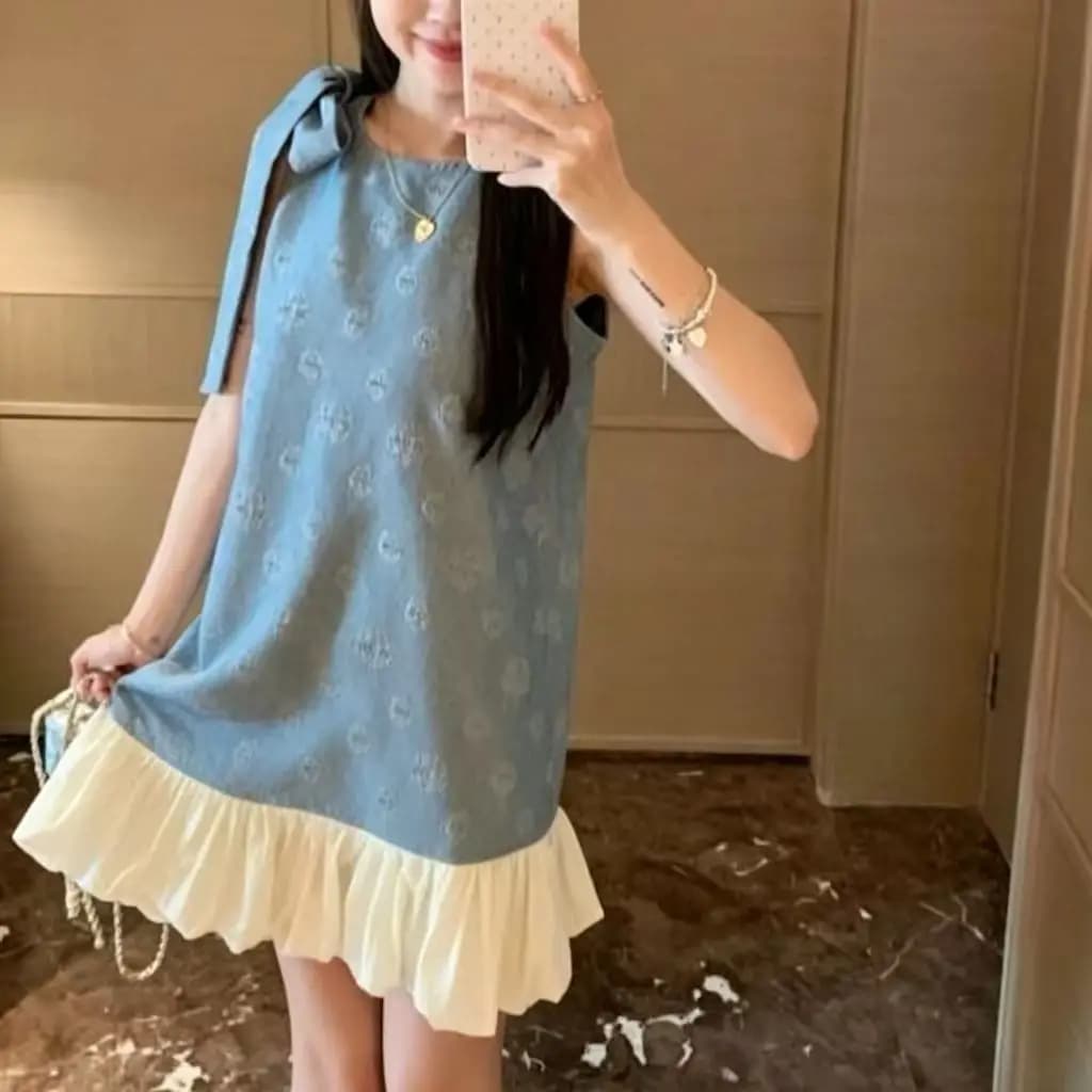 Summer Tea Break Loose Women's Dress Knot Waist Design Sleeveless Short A-Line Skirt High Waist Polyester Fiber