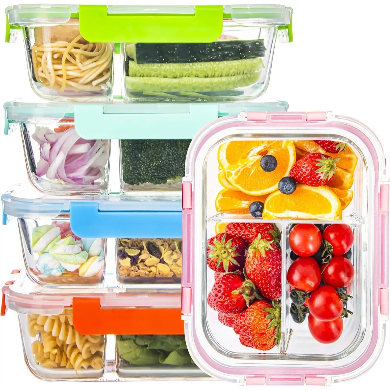Contenitori in Vetro per Preparazione Pasti con 3 Scomparti e Coperchi (Confezione da 5, 34oz), Lunch Box Diviso per Lavoro, Ermetico e Adatto al Microonde