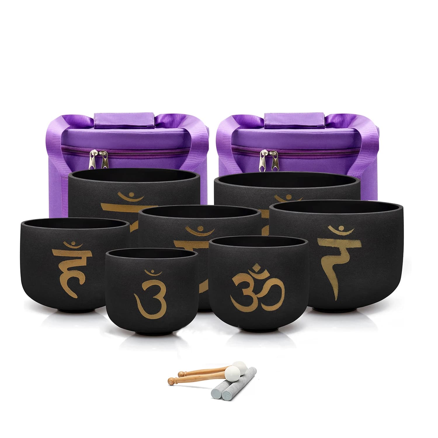 Hye-eun 7-12Inch Black Chakra Design Frosted Quartz Crystal Singing Bowl Set of 7pcs for Sound Healing with Carry Bags