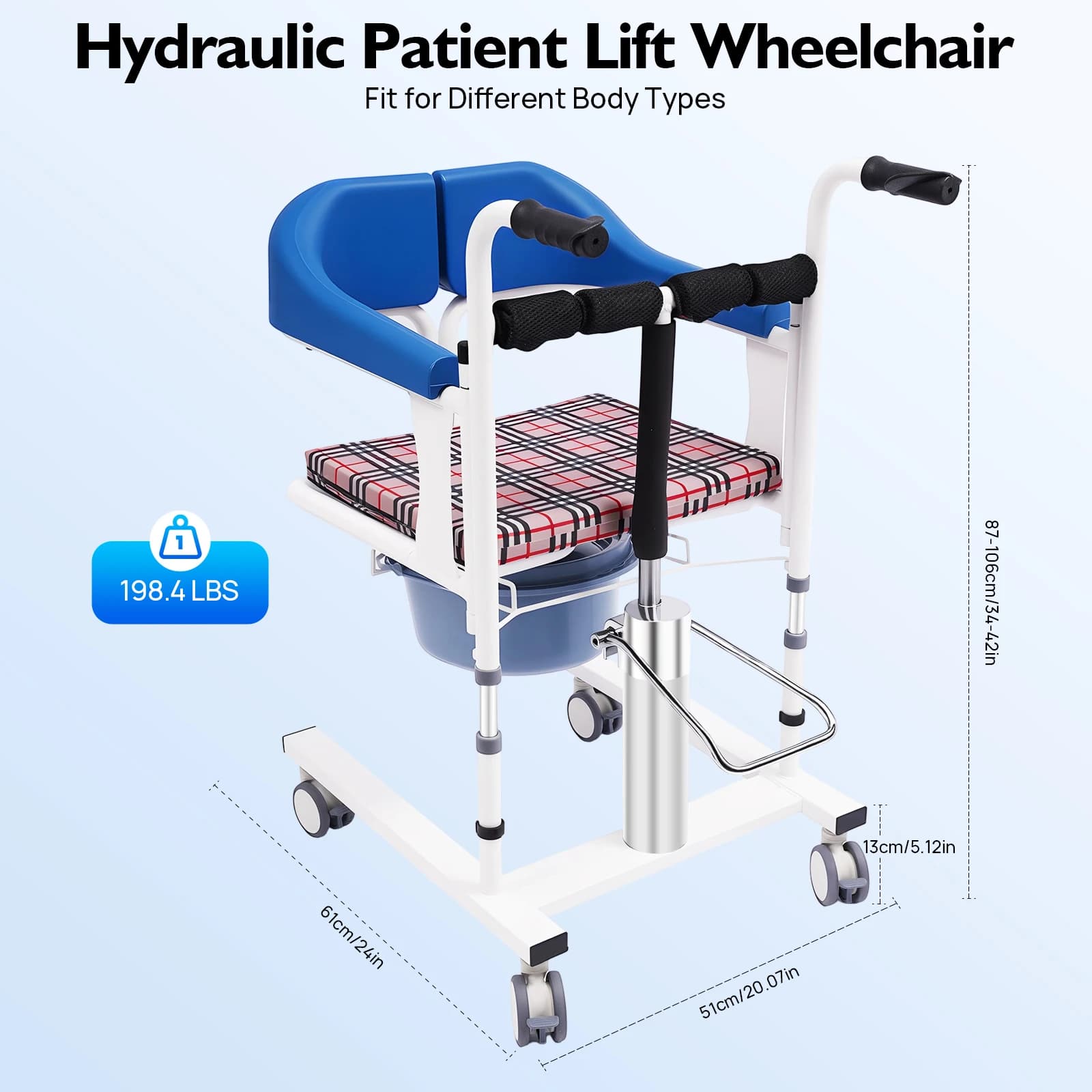 Hydraulic Patient Lifting Chair Transport Wheelchair Adjustable Lifting Height with Portable Potty Seat Cushion