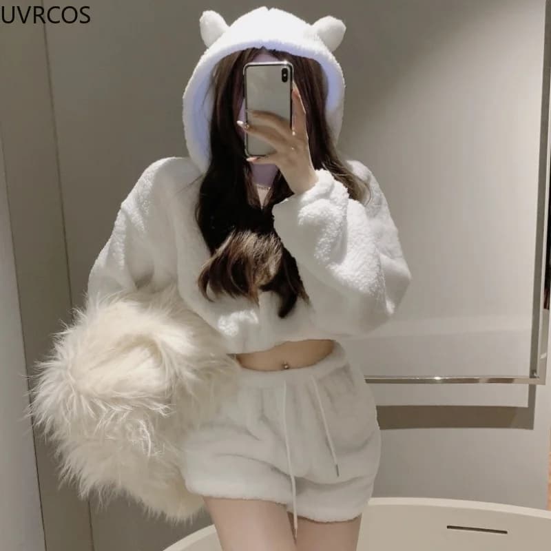 Autumn Winter Sweet Set Two Piece Women's Kawaii Plush Bear Coat Hooded Shorts High Life Girly Harajuku White Sportswear