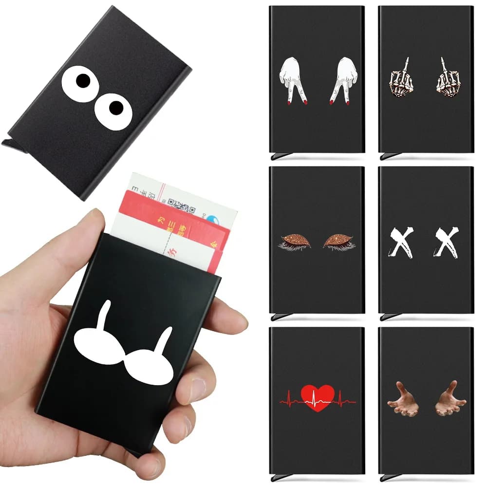 Portafoglio porta carte di credito da uomo con blocco RFID automatico, sottile, mini, con motivo a fantasia, a comparsa automatica