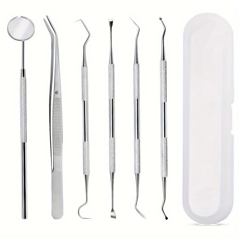 Set di strumenti per denti da 6 pezzi, kit per l'igiene orale in acciaio inossidabile con specchio per la bocca, kit per la pulizia dei denti con manico con motivo antiscivolo
