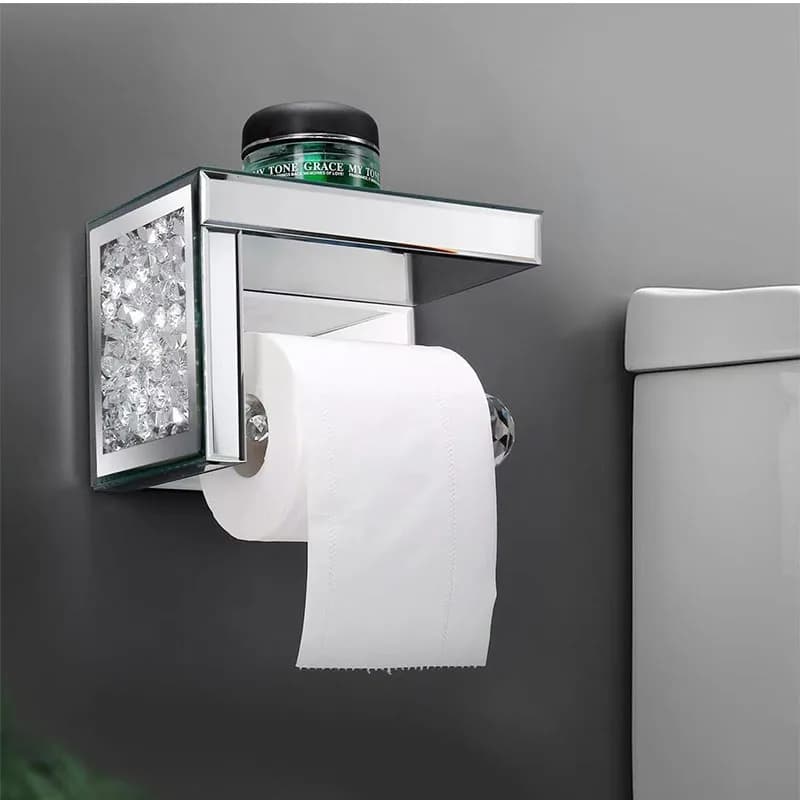 Luxury Rhinestone Crystal Toilet Paper Holder with Shelf Wall Mount Chrome Mirror Bathroom Tissue Roll Holder for Bathroom