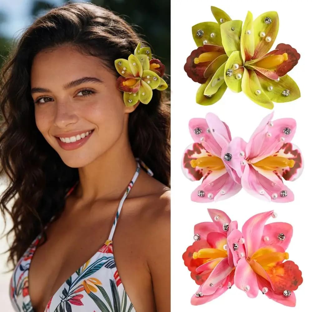 Orchid Hawaiian Flower Hair Clips Artificial Flower Pearl Decoration Artificial Flower Hair Clips Boho Hibiscus Hair Clips